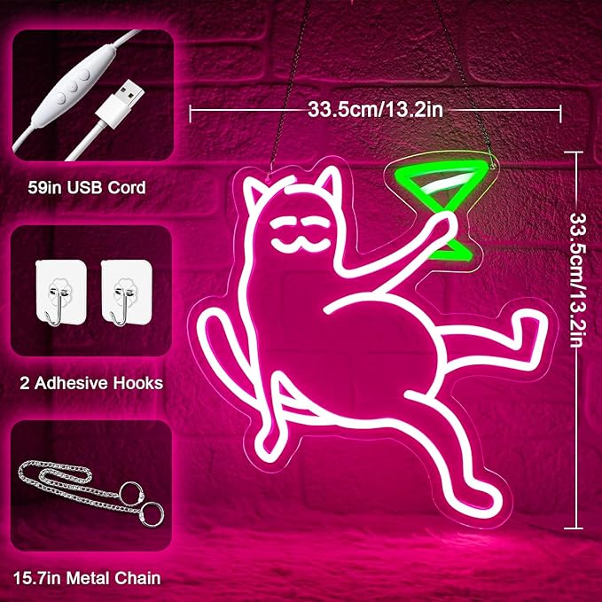 Cat Neon Sign for Wall Decor, Cat Holding Cocktail Neon Lights for Bedroom - Image 3
