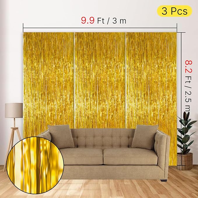 PartyWoo Gold Streamers Curtain Backdrop 3pcs Foil Fringe Curtain 8.2FT Gold - Image 4