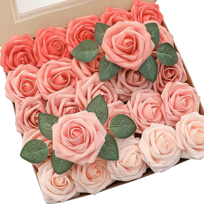 Floroom Artificial Flowers 25pcs Real Looking Coral Ombre Colors Foam Fake Roses by Floroom