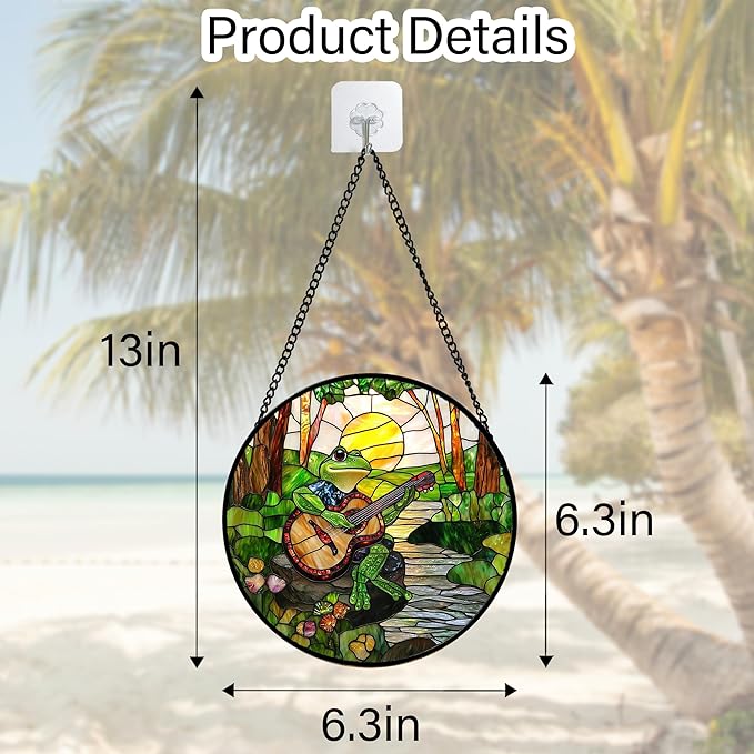 Stained Glass Window Hanging, Frog Playing Guitar Suncatcher Diamond Glass - Image 4