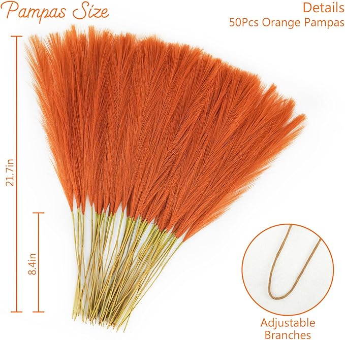 50pcs Burnt Orange Faux Pampas Grass Decor, 21.6" Short Artificial Fall Pompous - Image 5