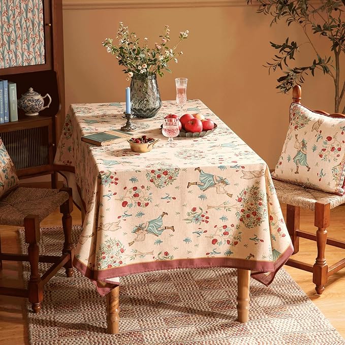 patdrea Designer Italian Beige Rectangle Tablecloth, Vintage Linen Trees - Image 9