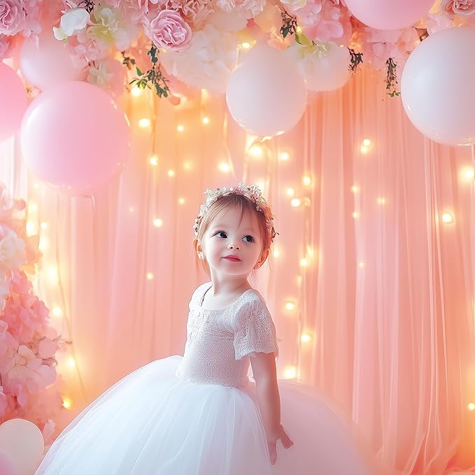 Tulle Backdrop Curtain with Lights String 10FT X 10FT Peach Sheer Tulle - Image 6
