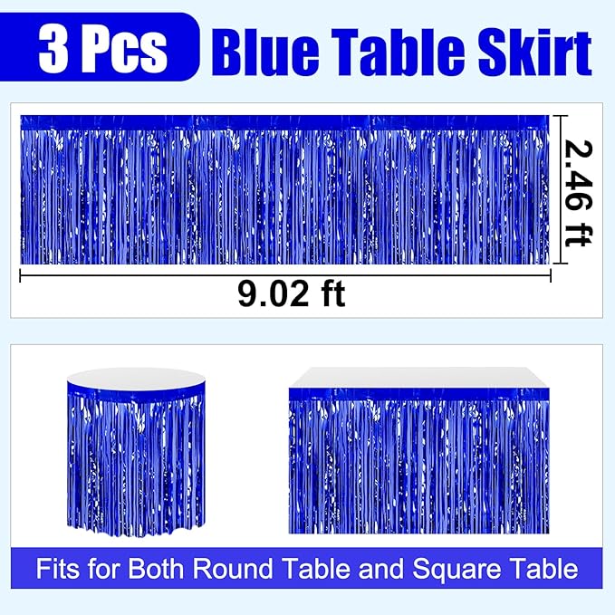 3 Pack 29 x108 Inch Blue Foil Fringe Table Skirts Metallic Banner - Image 2