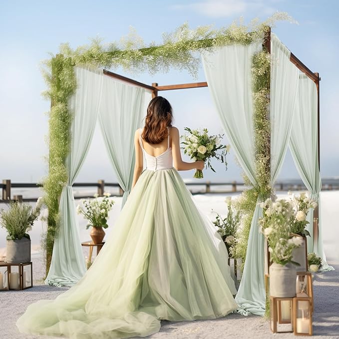 30" x 20Ft Wedding Arch Draping Fabric, 2 Panels Sage Green Sheer Curtain - Image 5