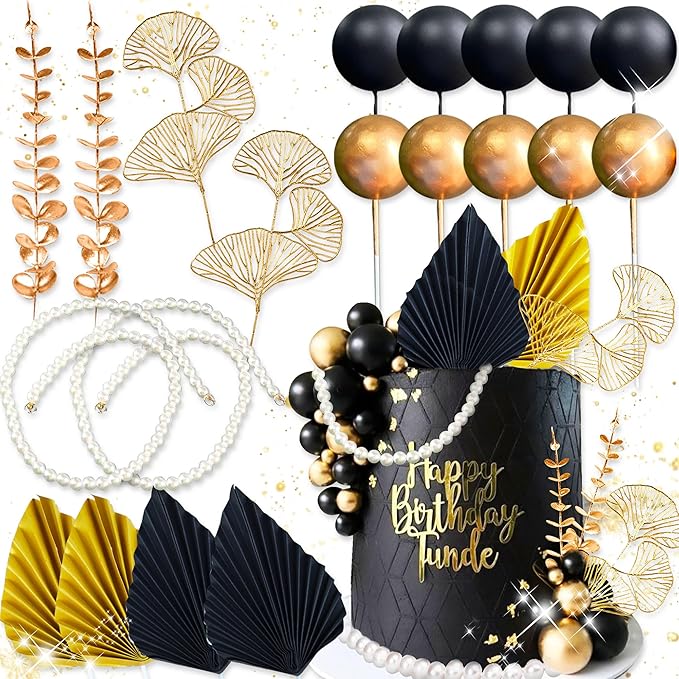 Boho Cake Topper Black Gold Balls Cake Topper Gold Leaves Cake Decoration Prom by RoaringGoodTime