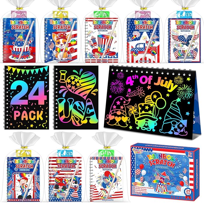 Party Favors for Kids: 24 Pack 4th of July Rainbow Scratch Art Notebook by FEREDOKIDS