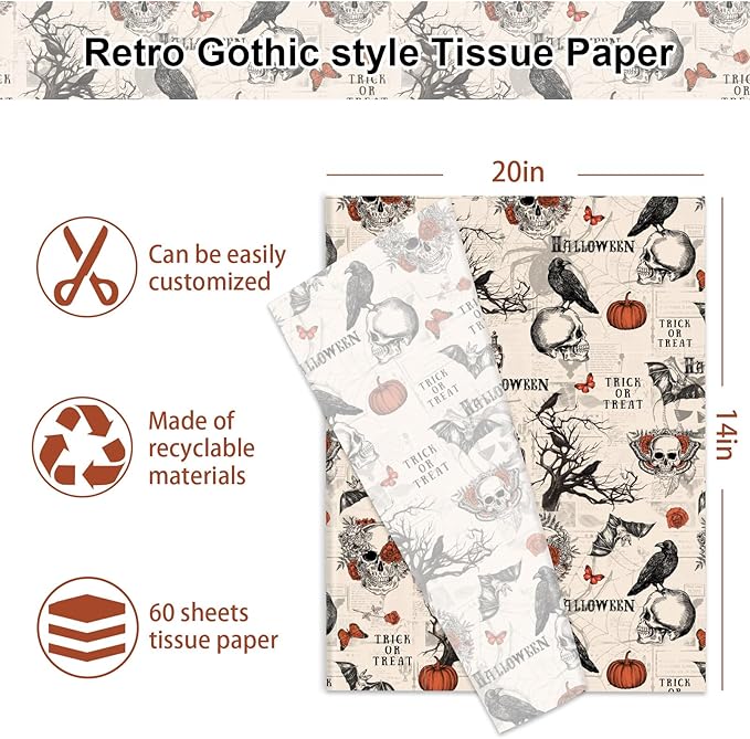 JarThenaAMCS 60 Pcs Halloween Tissue Paper Retro Gothic Skull Crow Pumpkin - Image 2