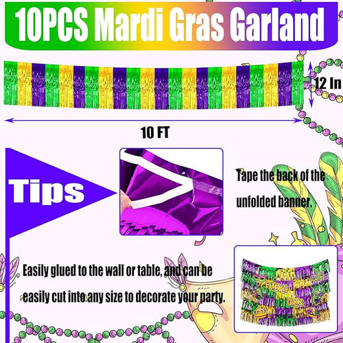 10 Pack 10 Feet Mardi Gras Foil Fringe Garland Metallic Tinsel Streamers Banner - Image 2