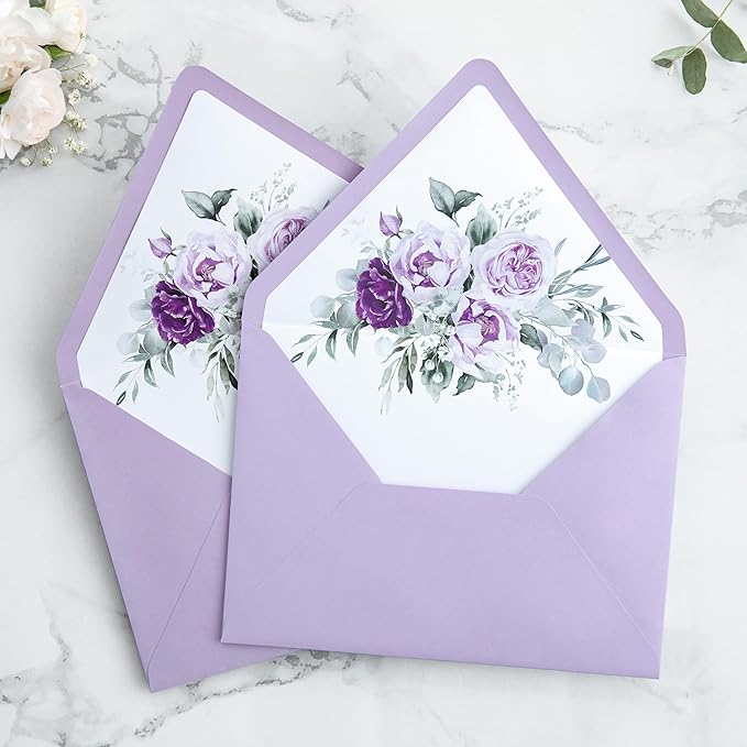 PONATIA 50PCS A7 Euro Flap Envelopes, 5.25 x 7.25'' Lilac Flowers Liner - Image 7