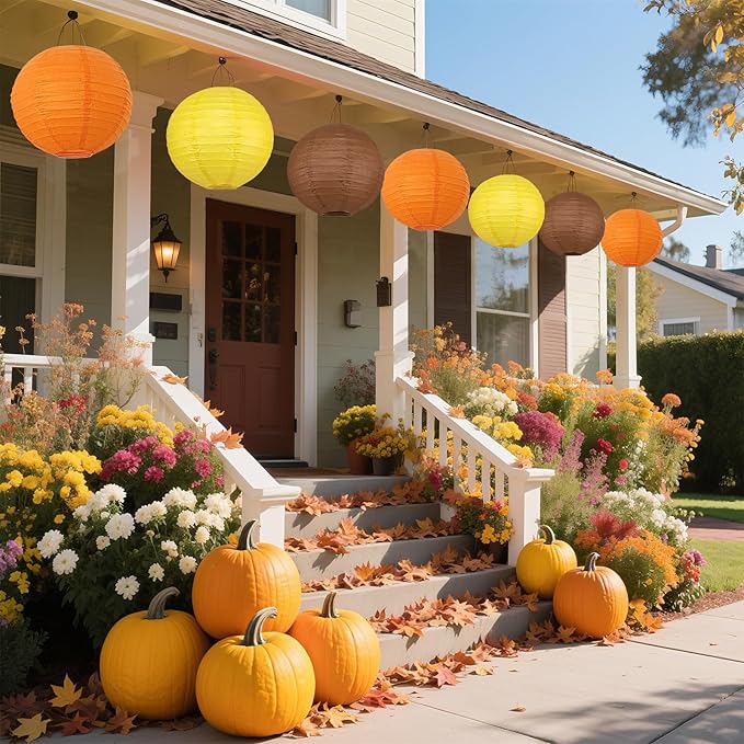12Pcs Fall Paper Lanterns, Various Sizes Hanging Yellow Orange and Brown Paper - Image 4