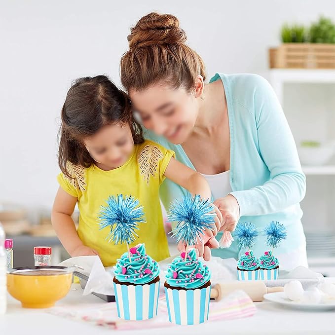 Ephlyn 30Pcs Foil Firework Cupcake Toppers Sparkle Tinsel Cupcake Picks Happy - Image 5