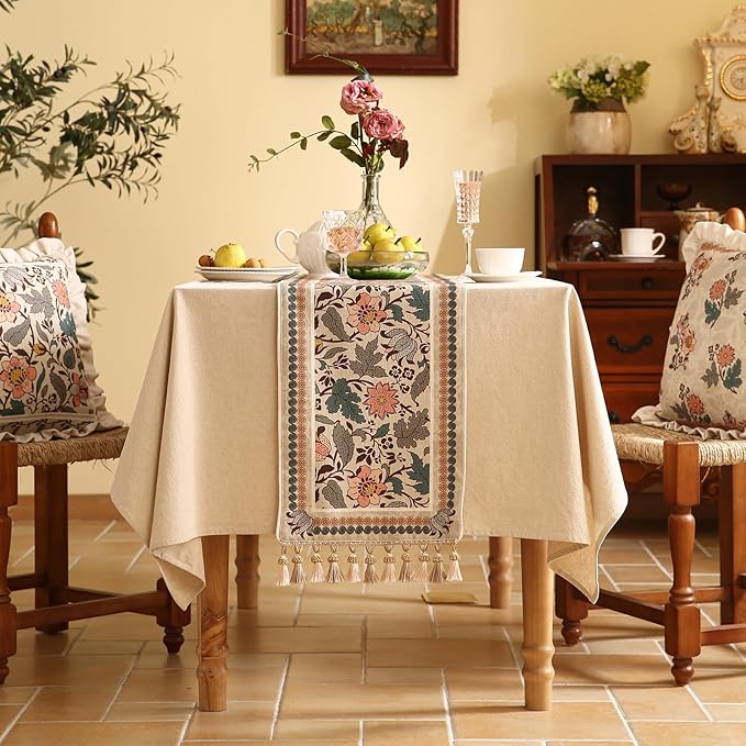 ISAENNE Designer Bohemian Linen Table Runner 87 Inches Long, Elegant Lotus - Image 3