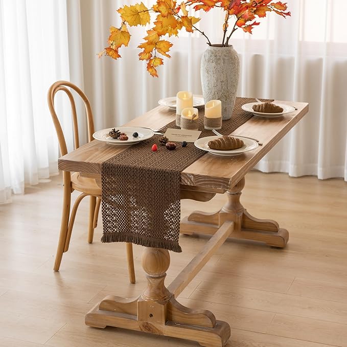 Boho Brown Table Runner for Home Decor 12x90 Inches Farmhouse Macrame Burlap - Image 2
