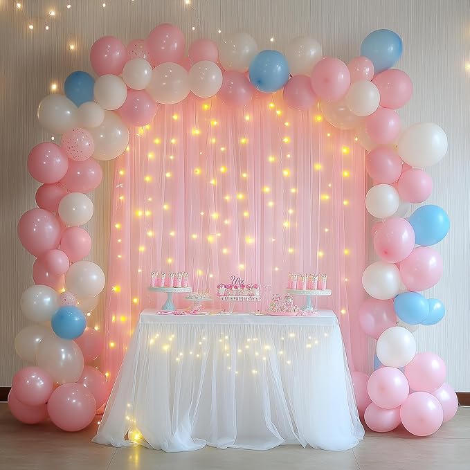Tulle Backdrop Curtain with Lights String 10FT X 8FT Pink Sheer Tulle Backdrop - Image 5