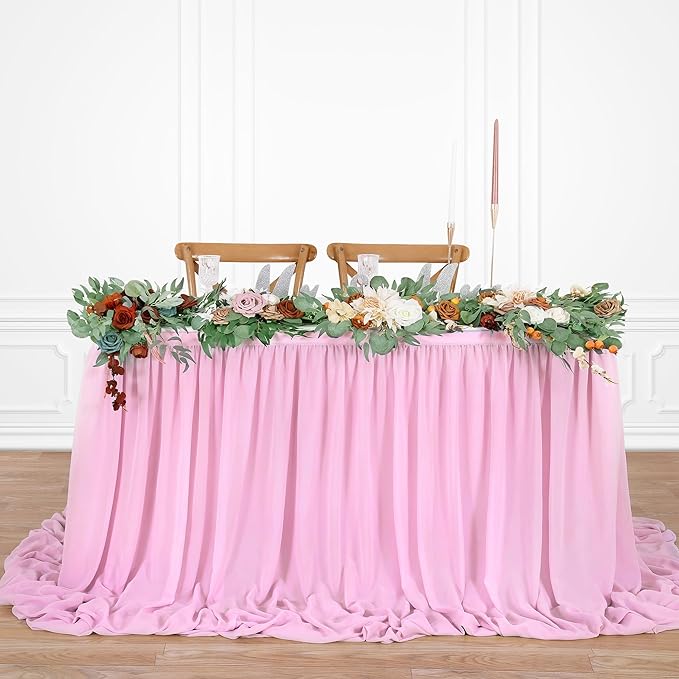 QueenDream Pink Sheer Table Skirts 14ft Chiffon Tablecloth by QueenDream