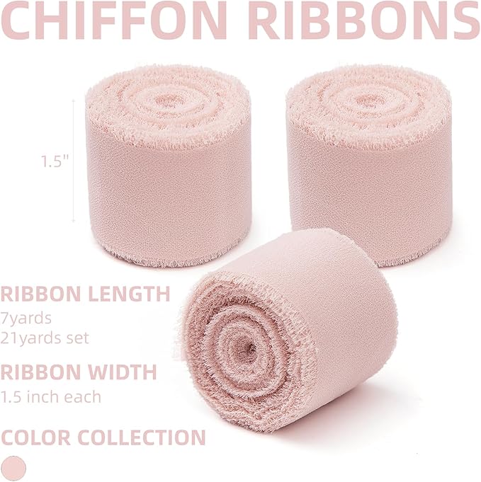 3 Rolls Light Pink Handmade Chiffon Ribbon, 1.5" x 21Yd Frayed Fringe Silk - Image 2