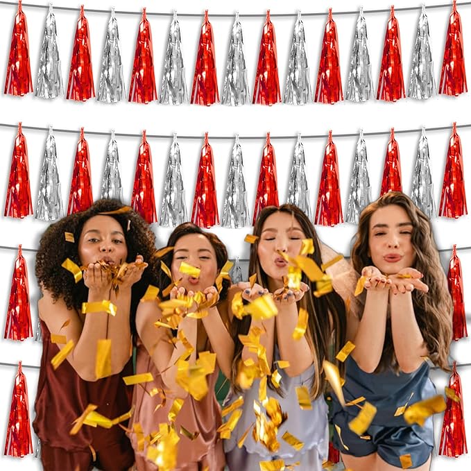 4P Red Silver Foil Fringe Tassel Banner Garland Metallic Tinsel Streamers Wall - Image 6