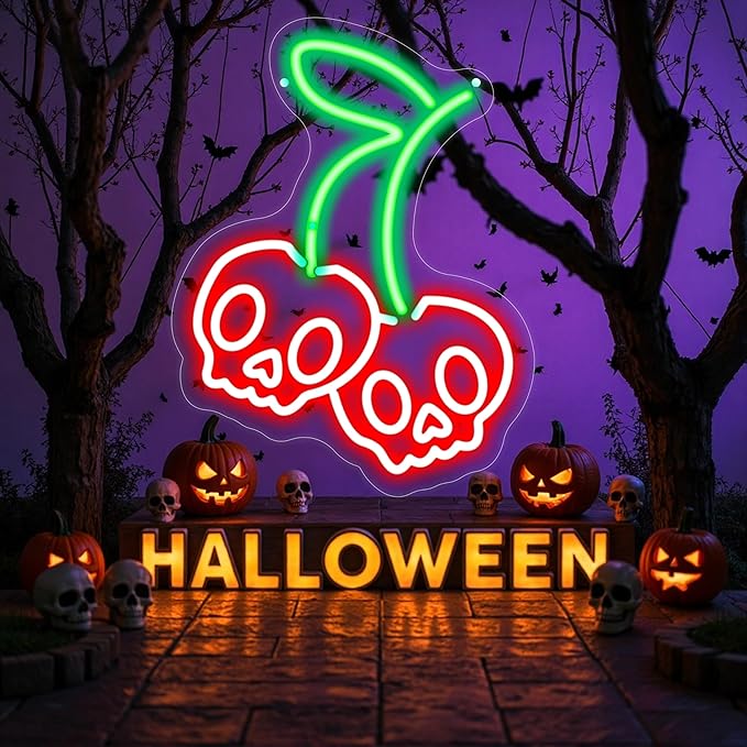 Halloween Cherry Skull Neon Sign, Gothic Neon Sign, Halloween Skull Lover Gifts by Mingxigo