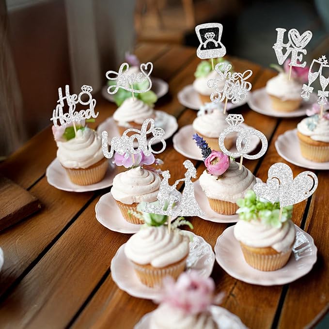 Ephlyn 30Pcs He Asked She Said Yes Cupcake Toppers Glitter Engagement Cupcake - Image 6