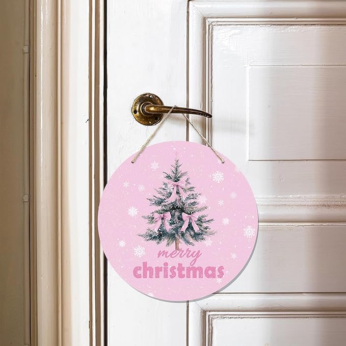 CGBHW Pink Christmas Wooden Sign, Coquette Aesthetic Christmas Tree Xmas Bows - Image 2