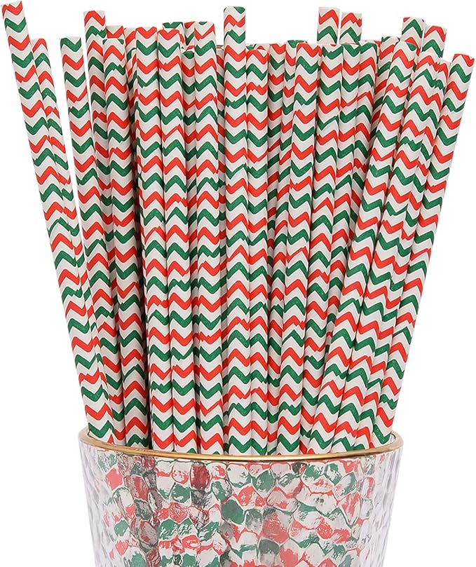 YAOSHENG Premium Disposable Waves Striped Drinking Paper Straws, Pack 100 Red by YAOSHENG
