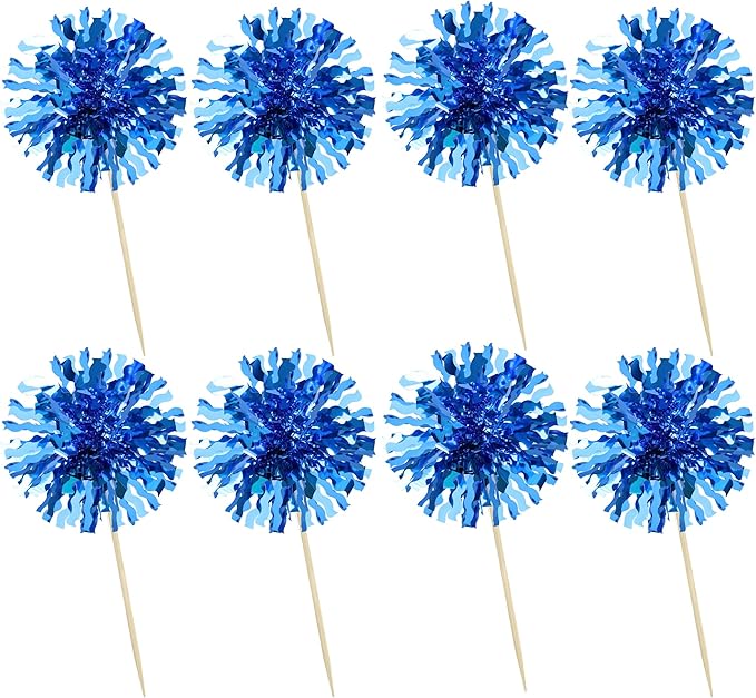 Ephlyn 30Pcs Foil Firework Cupcake Toppers Blue Tinsel Flower Drink Stirrers - Image 3