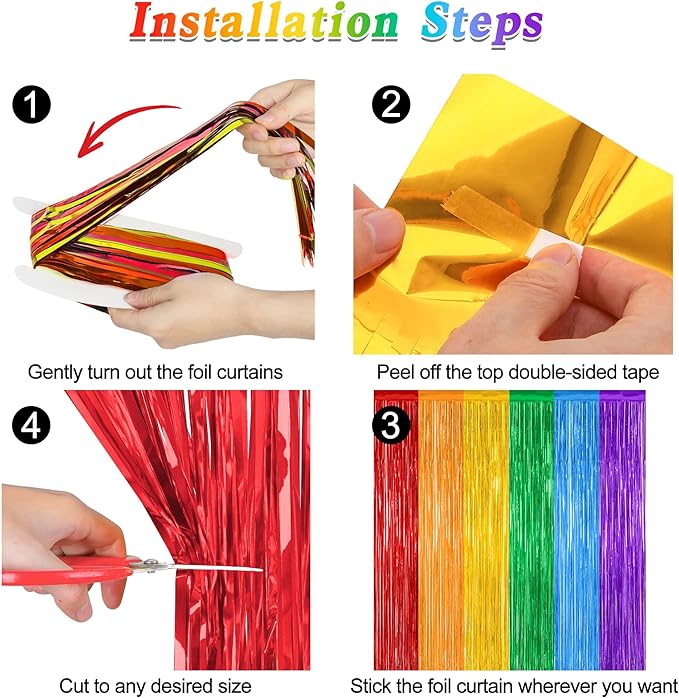 8 Pack Rainbow Backdrop, 3.28 FT x 7.05 FT Backdrop Curtains, Metallic Fringe - Image 3