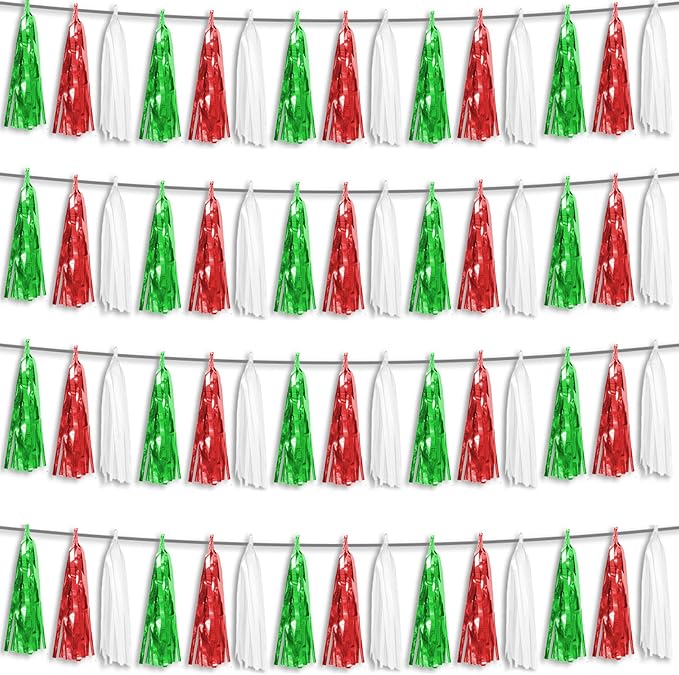 4P Red Green White Foil Fringe Metallic Tassel Streamers Banner Tassel Garland by HYSILLA