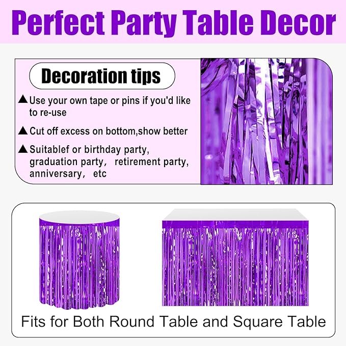3 Pack 29x108 Inch Purple Foil Fringe Table Skirts Metallic Banner - Image 3