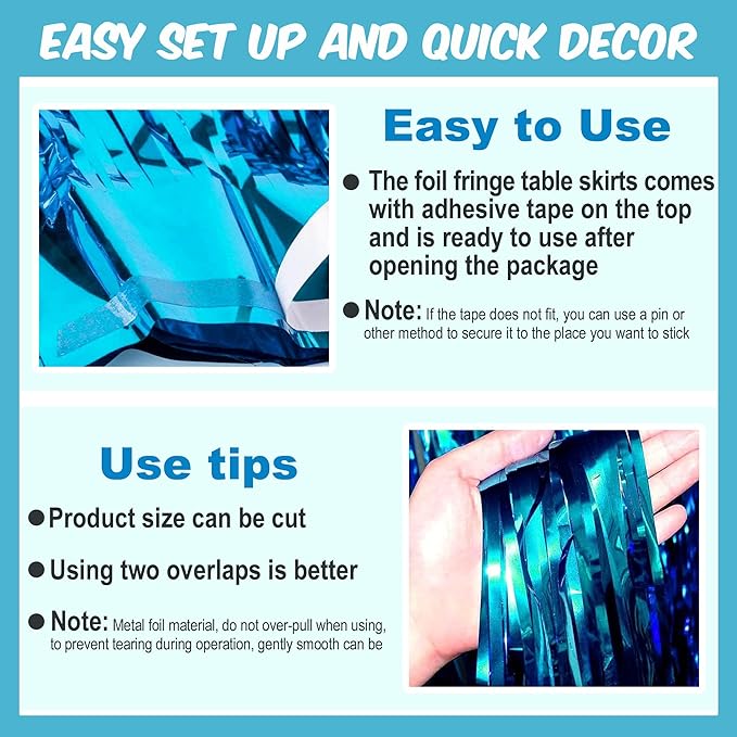 3 Pack 29 x108 Inch Lake Blue Foil Fringe Table Skirts Metallic Banner - Image 3