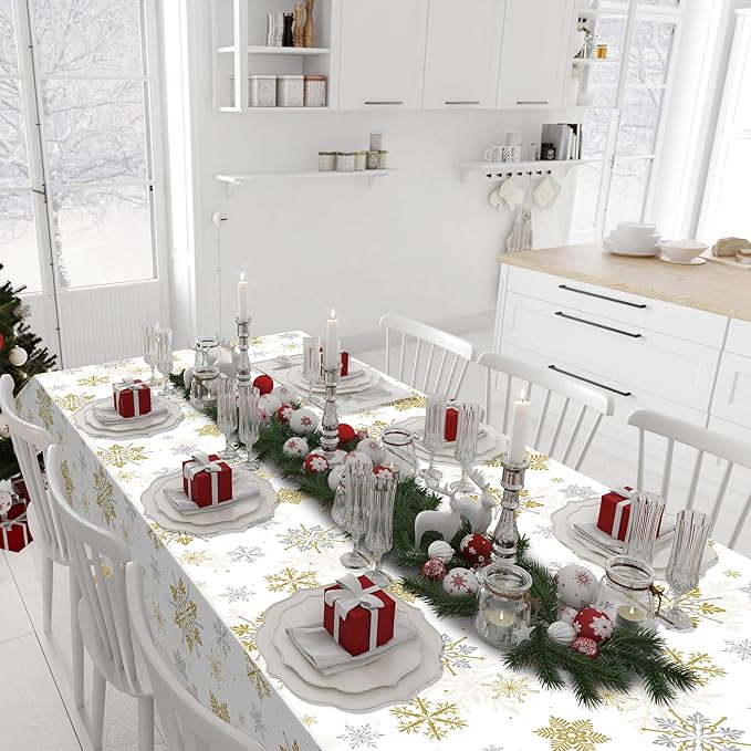 12Pcs Christmas Snowflake Party Tablecloths Decorations, Plastic White and Gold - Image 8