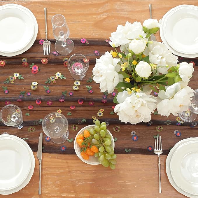 Black Embroidery Daisy Fall Table Runner 120Inch 10FT Florals Soft Sheer Tulle - Image 4