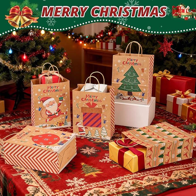 LYLIN 10Pcs Kraft Christmas Gift Bags, Christmas Tote Bags - Image 2