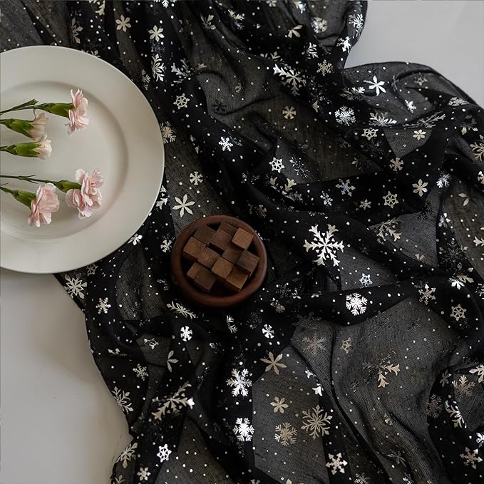 Silvery Snowflake Metallic Print Tulle Christmas Table Runner, Seasonal Winter - Image 2