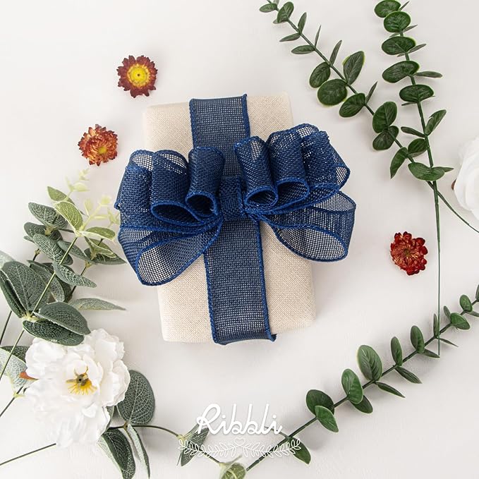 Ribbli Navy Burlap Wired Ribbon, 1-1/2 Inch x 10 Yard, Wired Edge Ribbon - Image 2
