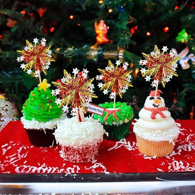 Ephlyn 30Pcs Foil Firework Cupcake Toppers Sparkle Tinsel Cupcake Picks Happy - Image 5