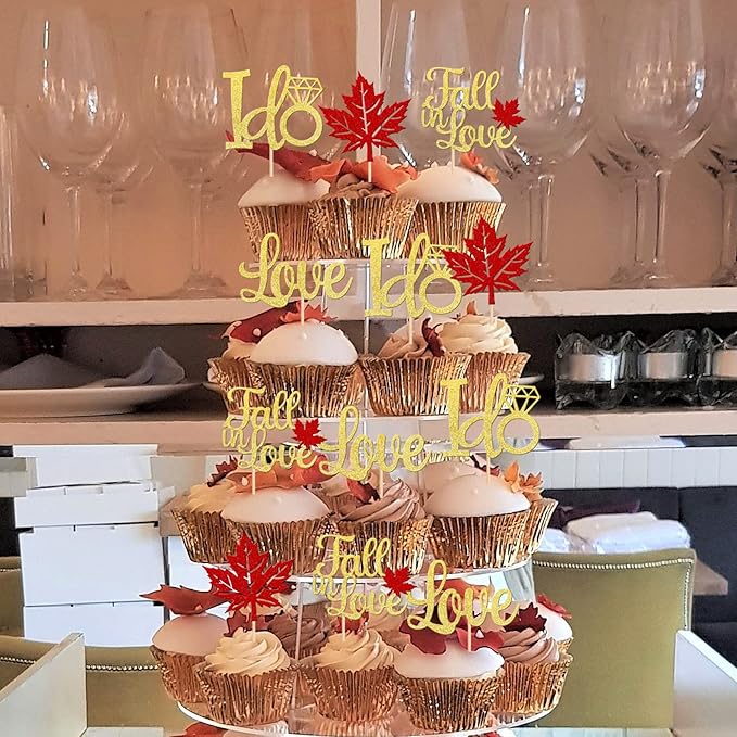 24 PCS Fall in Love Cupcake Toppers Glitter Maple Leaves Love I Do Cupcake - Image 4