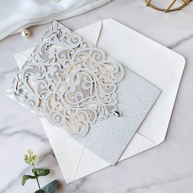 Hosmsua 5.12 x 7.3 Inch 50pcs Silver Laser Cut Lace Flora Wedding Invitation - Image 7