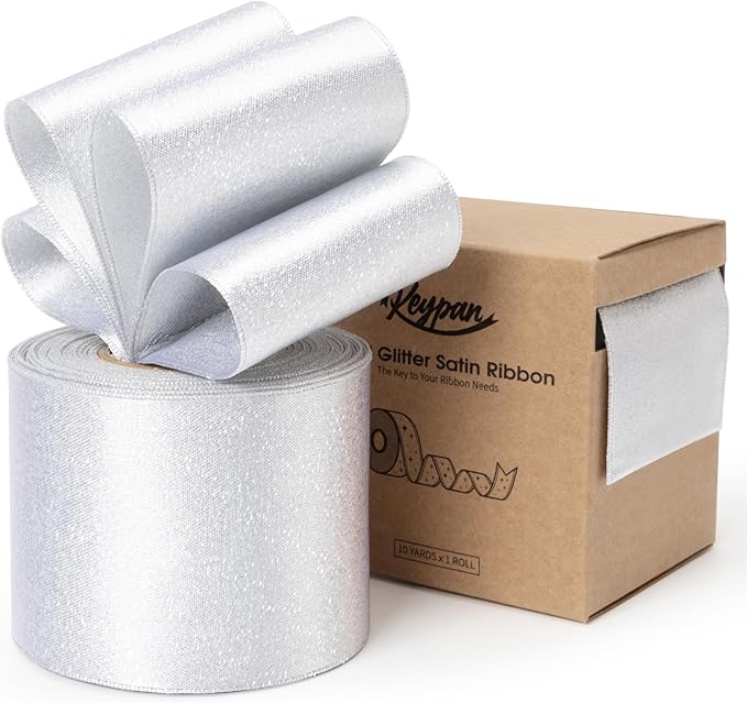 White Satin Wired Ribbon 2-1/2 Inch Double-Faced Sliver Glitter Christmas by Keypan