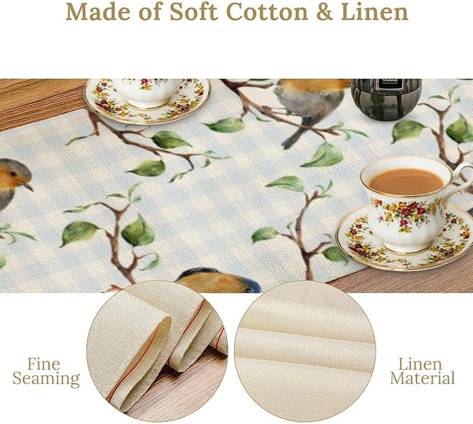 Bird Table Runner, Spring Birds Tree Blue Plaid Print Table Runner - Image 5