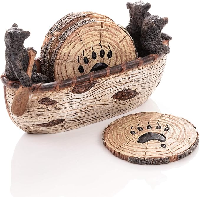 Bear Coasters Set of 6 Full Size Rustic Coasters in Handmade Canoe - Image 8
