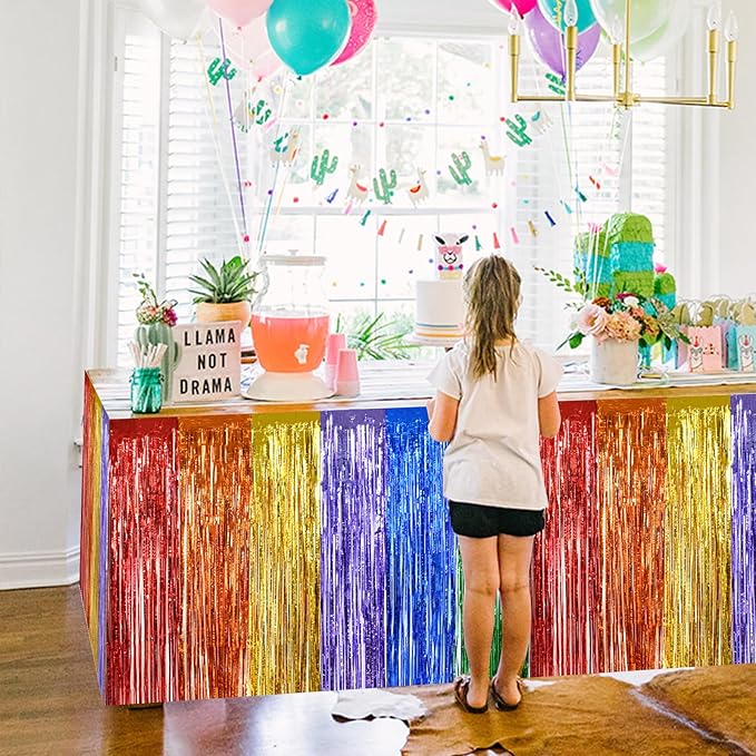 BEISHIDA 2 Pack Rainbow Metallic Tinsel Foil Fringe Table Skirts - Image 5