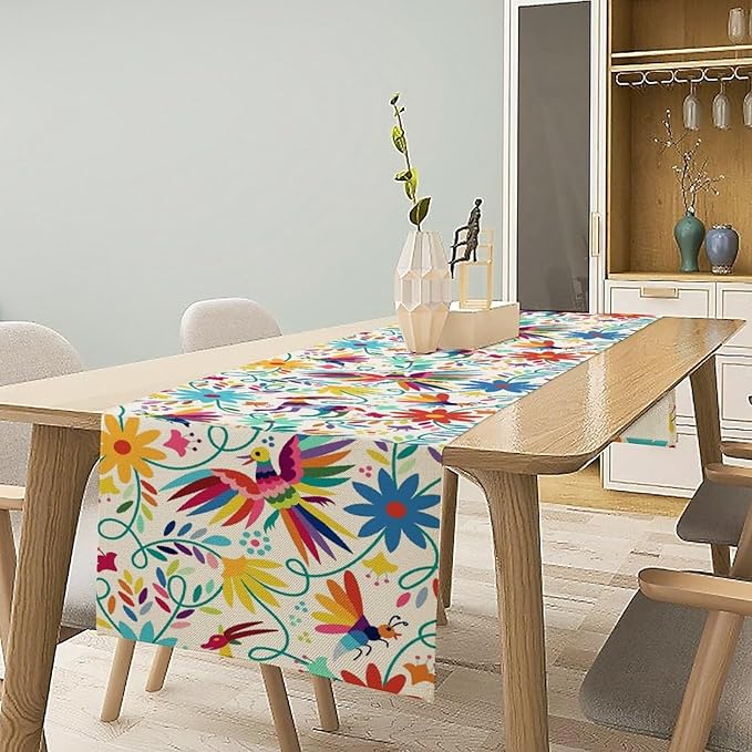 Mexican Table Runner, Boho Colorful Nature Inspired Flowers and Birds Table - Image 2