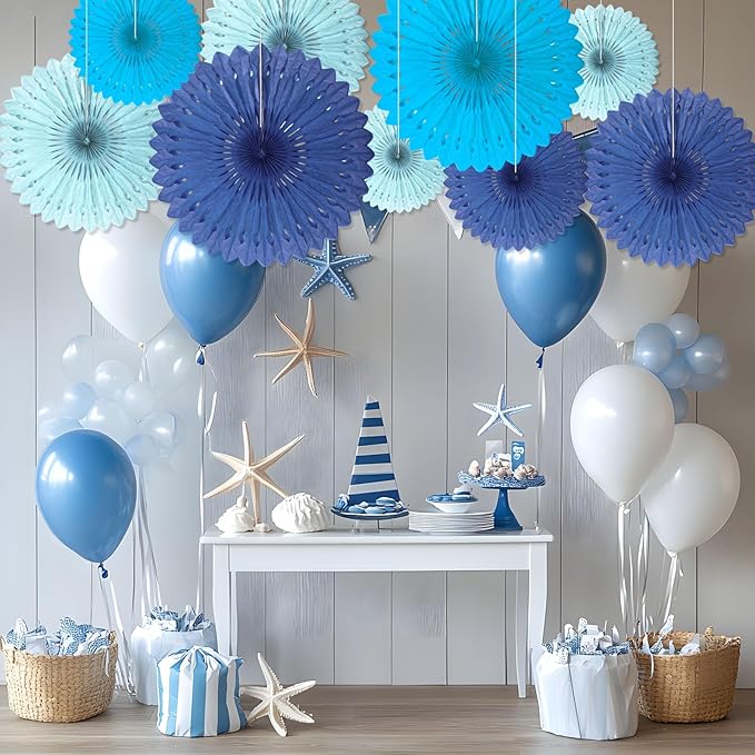 18 Pcs Blue Kit Hanging Honeycomb Paper Fans, Round Paper Fan Decorations - Image 5