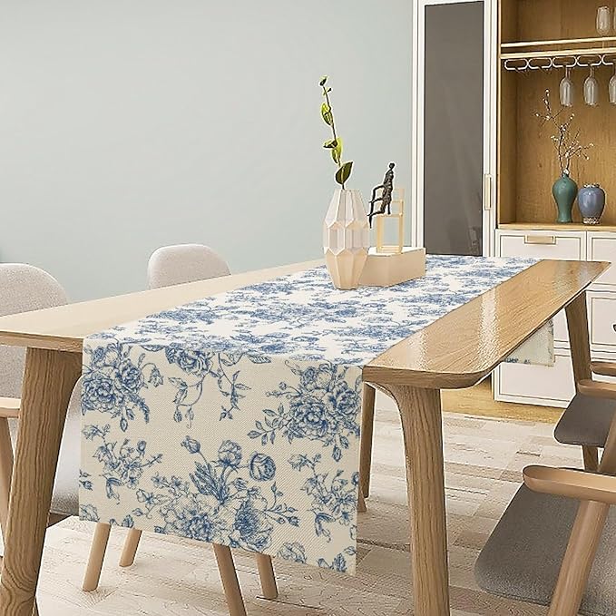 Floral Table Runner, Retro Blue Flower Chinoiserie Sketch Pattern Print Table - Image 6