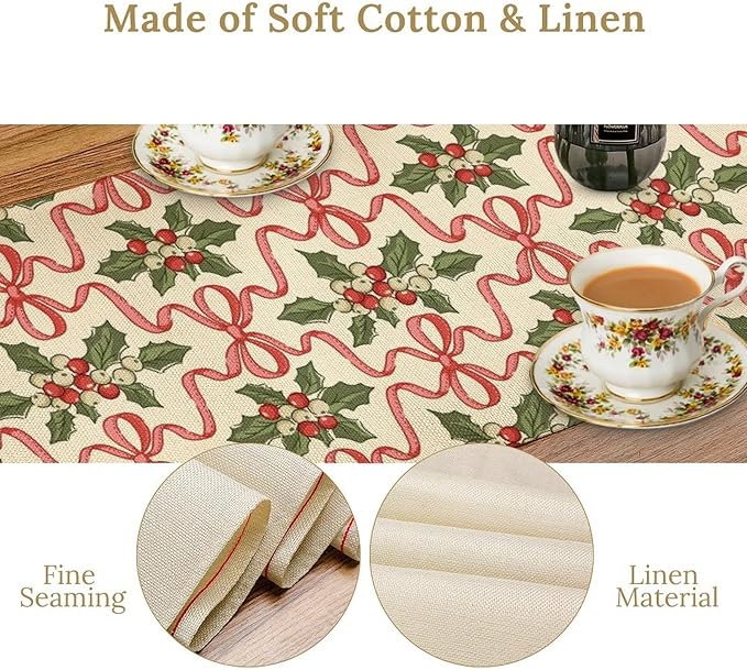 Christmas Table Runner, Xmas Holiday Bowknot Decor Table Cloth Kitchen Dining - Image 5