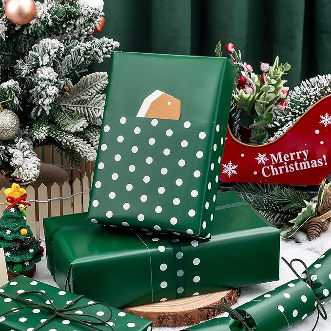 Flyhill Green Wrapping Paper Roll, Reversible Gift Wrap Paper - Image 2
