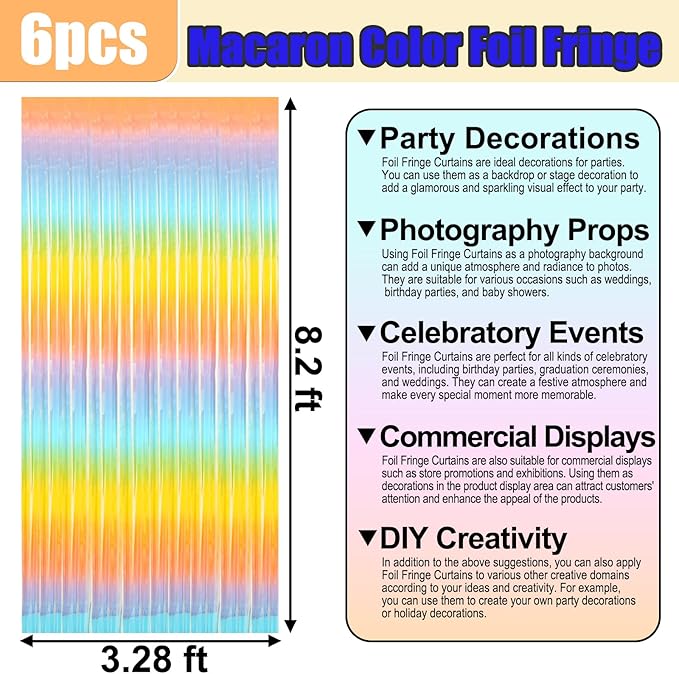 6 Pack Rainbow Foil Fringe Curtain Backdrop, 3.28Ft x 8.2Ft Metallic Tinsel - Image 2