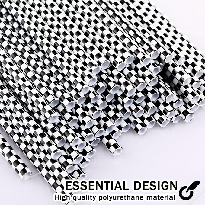 Domensi 100 Pcs Black and White Checkered Racing Straws Plastic Disposable - Image 3